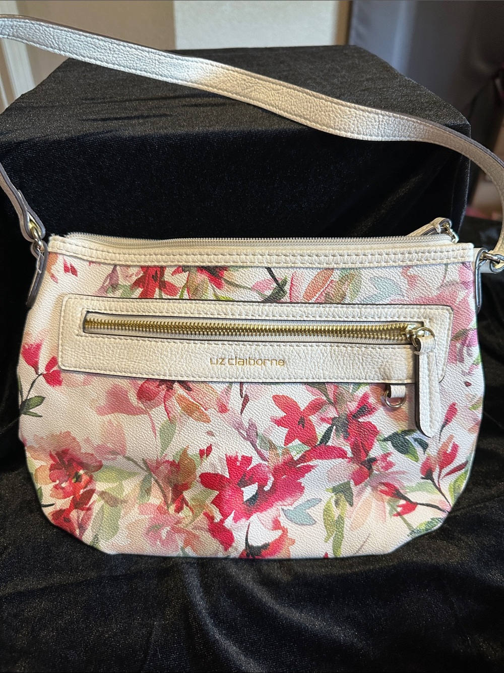 All leather Liz Claiborne bag/purse, floral design.
